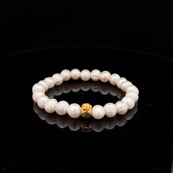 18K Gold Money Bag Lucky Charm White Pearl 6-7mm x 6-8mm - Picture 1 of 5